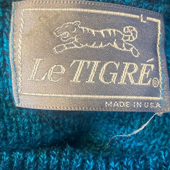 Le Tigre Vintage USA Made Geometric Knit Sweater Blue Teal Mens L - Picture 3 of 9
